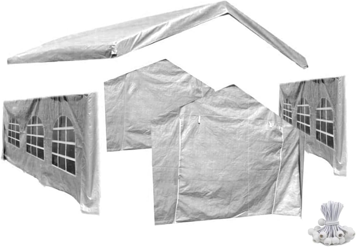 12x20 Party Tent Replacement Canopy Tarp Set Side Paneling and Valanced Top Set Replacement Tarp Kit Carport/Party Tent Top & Side Wall Set 3 Window Side Wall Replacement Tarps White 5pc